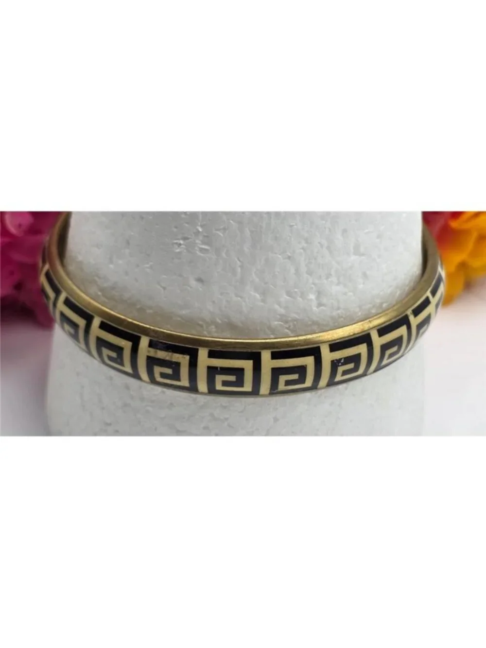 Vintage Gold Tone Black Cream Enamel Greek Key Bangle Bracelet 8 In Geometric